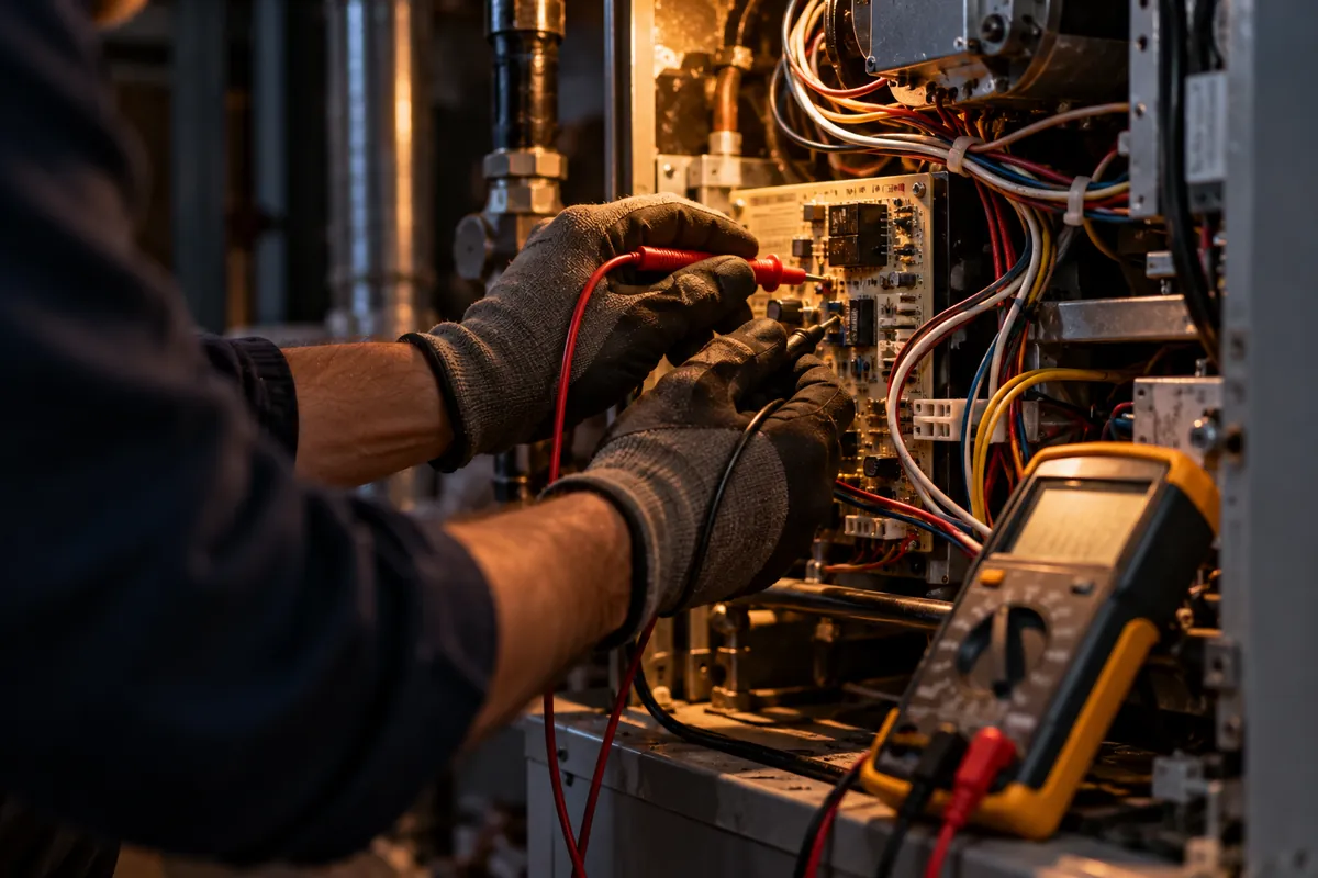 Technician testing a furnace control board