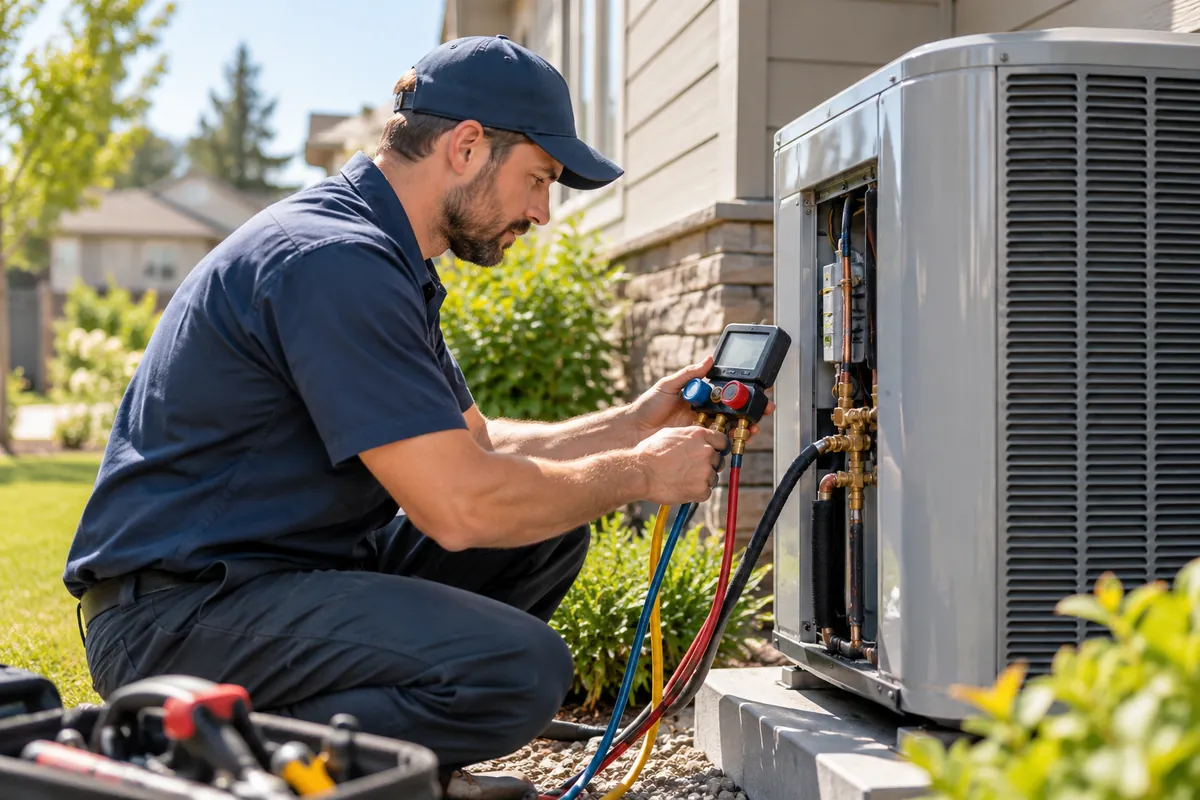 Technician servicing an outdoor heat pump